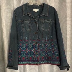 Coldwater Creek fully lined, decoratively embroidered denim jacket. Size large.
